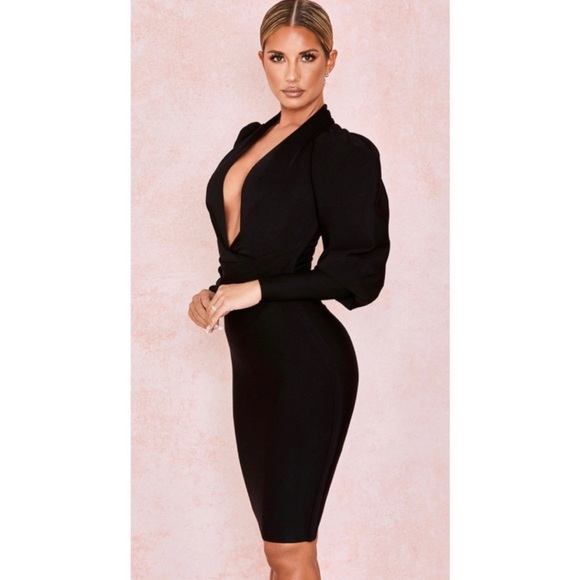HOUSE OF CB Annika Black Bandage Puff Sleeve Dress - Picture 2 of 9